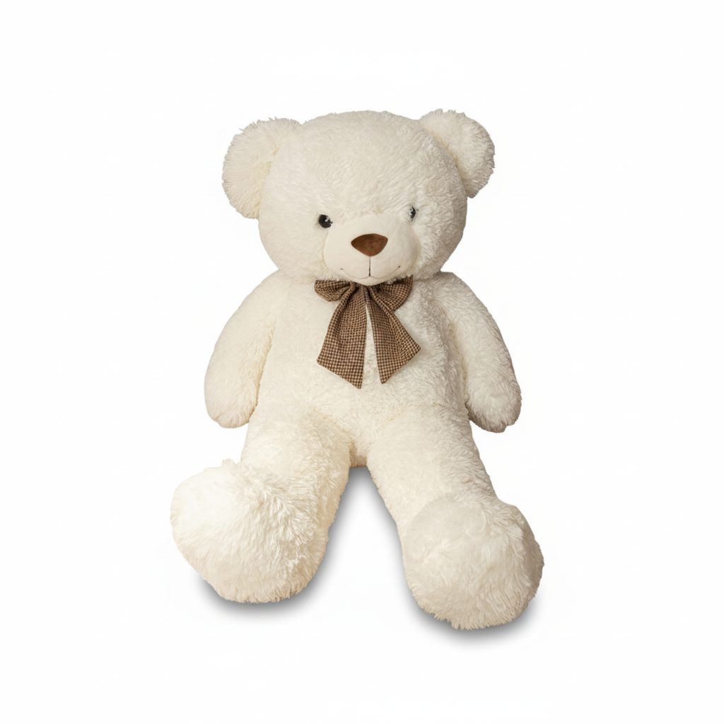White teddy bear with a brown bow tie on a white background