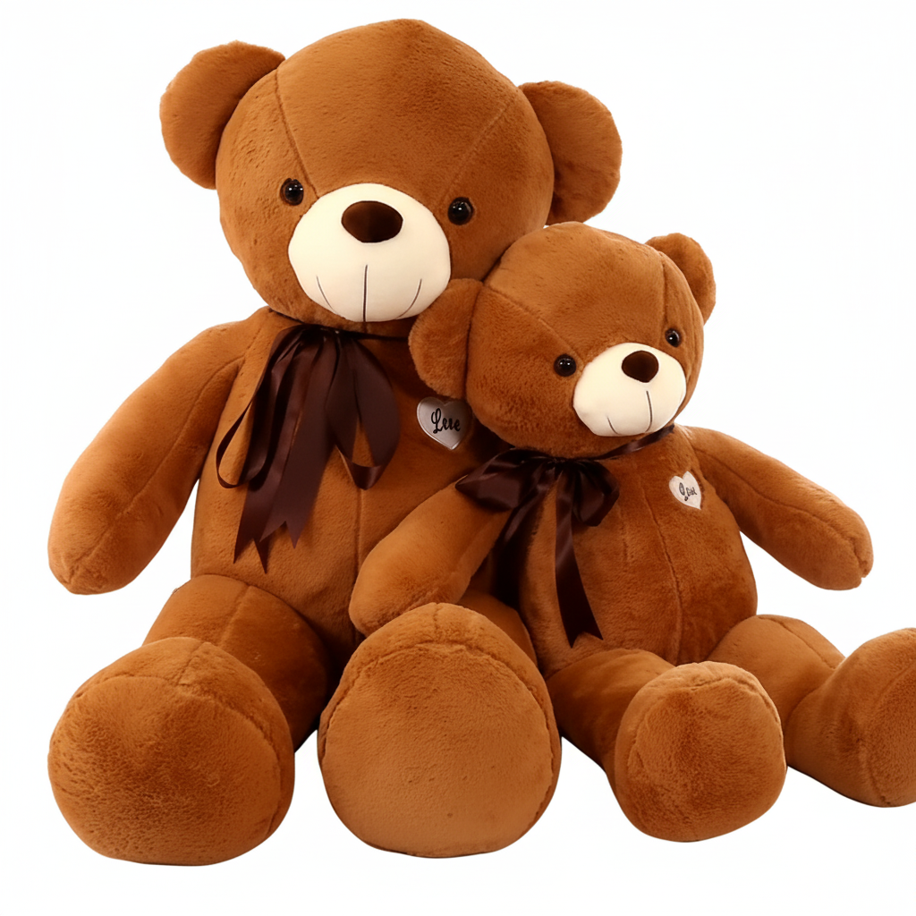Two brown teddy bears with black ribbons on a white background